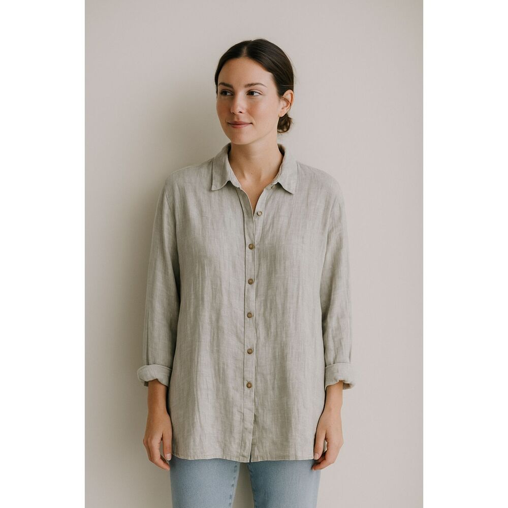 Yuvita Gray 100% Linen Button Up Long Sleeve Shirt Top Women's Size Large